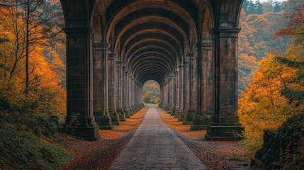 Fototapeta premium Autumnal path under stone bridge, forest background. Use travel, nature
