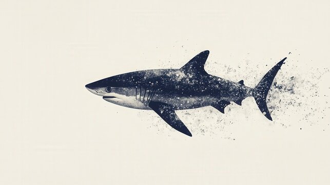 illustration of a shark fish swimming through the ocean, with fine details and textures highlighted on a minimalist white background