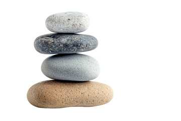 A balanced stack of four smooth stones arranged neatly, symbolizing tranquility and harmony, against a white isolated background.