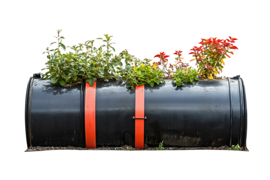 A black barrel planter filled with vibrant green and red plants, featuring orange straps. Perfect for garden decoration and urban farming.