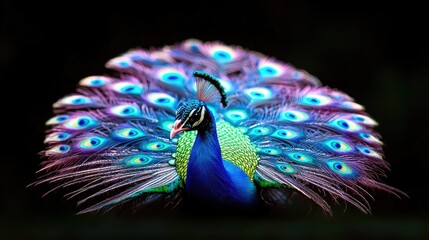 Majestic peacock displays vibrant plumage in dark setting.  Wildlife photography for nature documentaries