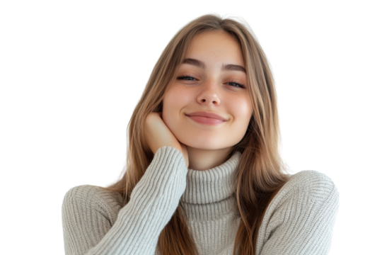 A cheerful young woman with long hair, wearing a cozy sweater, resting her chin on her hand, smiling brightly. Isolated on a white background.