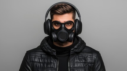 PM2.5 protect concept. Futuristic Face Mask with Integrated Air Filter and Headphones
