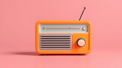Obraz premium 3d realistic orange old retro vintage radio tuner receiver icon. National World Radio Day. Cartoon style vector illustration isolated banner with copy space.