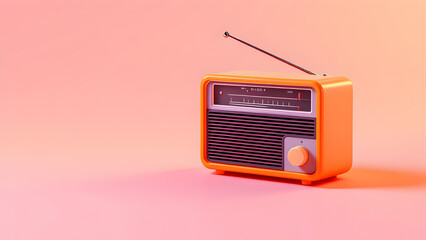 3d realistic orange old retro vintage radio tuner receiver icon. National World Radio Day. Cartoon style vector illustration isolated banner with copy space.