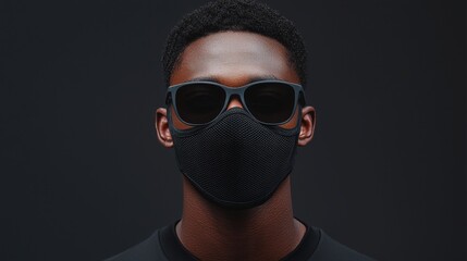 PM2.5 protect concept. Man Wearing Black Athletic Mask with Breathable Mesh and Sunglasses in Studio