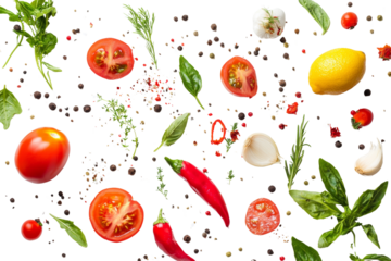 A colorful arrangement of fresh vegetables and herbs on a white background, featuring tomatoes, chili peppers, lemon, and basil.