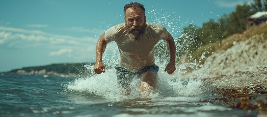 Bearded man running ocean waves, coastal background. Active lifestyle
