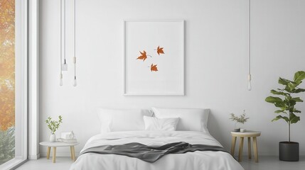 Clean white canvas with autumn maple leaves drifting downward, capturing the natural charm and seasonal beauty of the fall in a minimalistic style