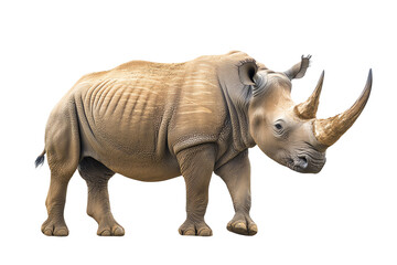 Obraz premium A detailed illustration of a rhinoceros standing on a white isolate background, showcasing its powerful physique and unique features.