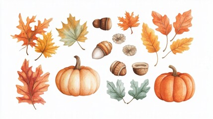 watercolor autumn cut out elements in PNG format, including colorful leaves, cozy pumpkins, and rustic acorns arranged artistically