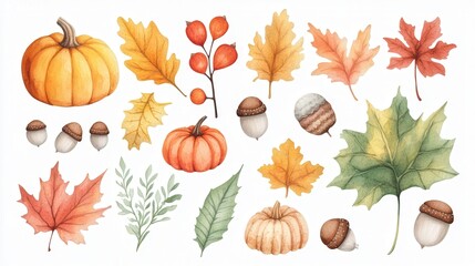Obraz premium watercolor autumn cut out elements in PNG format, including colorful leaves, cozy pumpkins, and rustic acorns arranged artistically