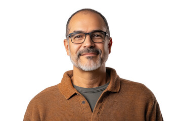 Obraz premium A middle-aged man with glasses smiling confidently against a white background, showcasing a relaxed yet professional demeanor.