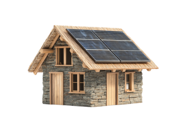 A modern stone house with a wooden roof and solar panels on top, showcasing sustainable architecture and eco-friendly design.