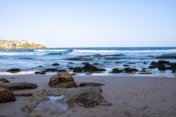 Stunning view of Bondi Beach, Sydney, showcasing the sparkling ocean and rugged rocks. A perfect...