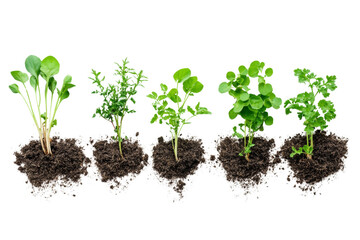 A row of healthy green seedlings in soil demonstrating growth stages, isolated on a white background.
