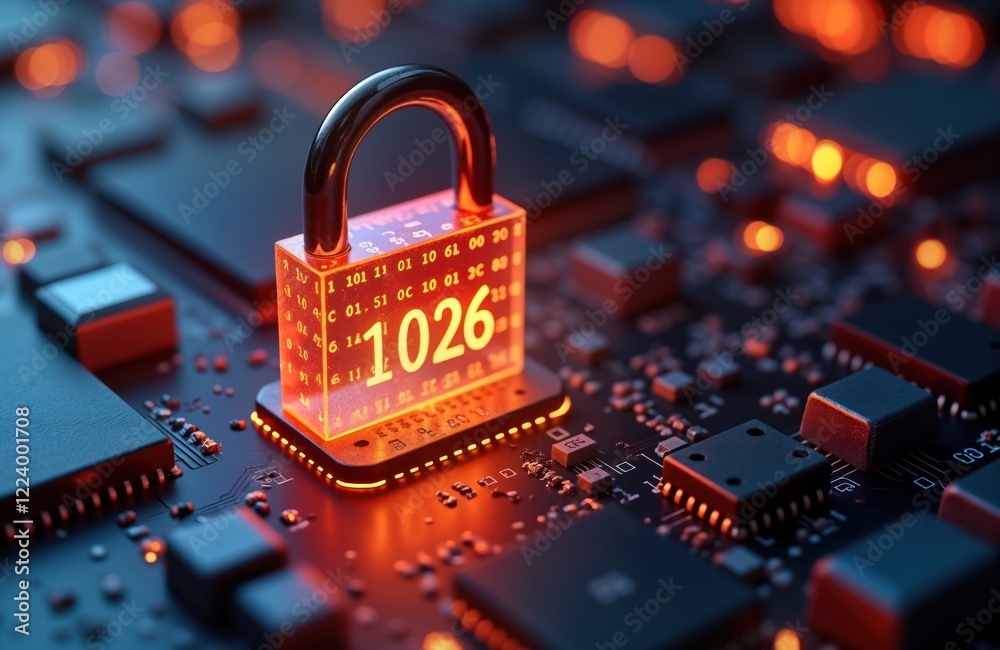 Poster Glowing padlock with binary code 1026 shows tech security concept. Modern tech object on circuit board. Secure tech protected system. Illustration for tech safety, protection. Concept of digital