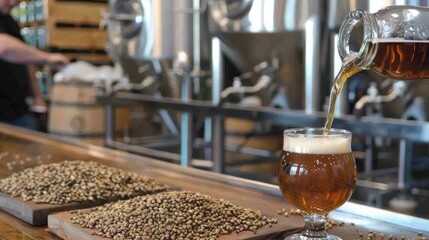 A craft beer is poured into a glass at a Portland microbrewery, with hops, barley on the counter, and brewing equipment in the background.