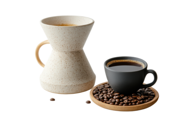 A stylish coffee setup featuring a ceramic dripper, a sleek black cup of coffee, and roasted coffee beans on a wooden tray against a white background.
