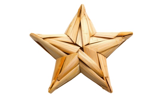 A unique, handcrafted wooden star made from natural bamboo, showcasing intricate geometric designs and a warm, earthy appeal.