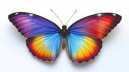 Obraz premium butterfly with bright rainbow wings, fluttering softly on a clean white background, highlighting its beauty in full spectrum