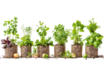 A variety of fresh herbs growing in biodegradable pots, ideal for culinary use and garden enthusiasts on a clean, white background.