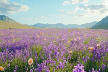 Obraz premium Serene Lavender Fields Extending Towards the Horizon with a Pastel Purple Glow