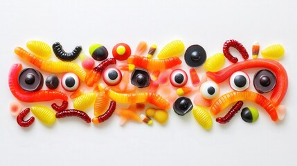 Obraz premium Halloween candy, featuring candy corn, chocolate eyeballs, and spooky gummy worms, artistically arranged on a clean white background