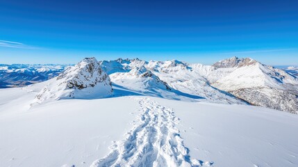 Snow-covered mountain peak, footprints in snow, sunny winter landscape, panoramic view for travel brochures