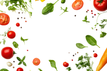 A vibrant arrangement of fresh vegetables and herbs on a black background, perfect for healthy eating themes and culinary presentations.