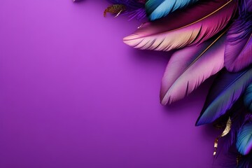 Naklejka premium Vibrant Purple Background with Colorful Feathers Arranged Artistically for Creative Design and Inspirational Projects
