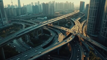 Fototapeta premium Aerial view Sunrise over city highway interchange