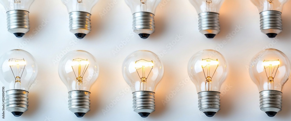 Poster ten illuminated light bulbs arranged in rows on a white background.