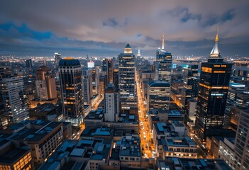 Fototapeta premium A stunning aerial photograph capturing the vibrant night skyline