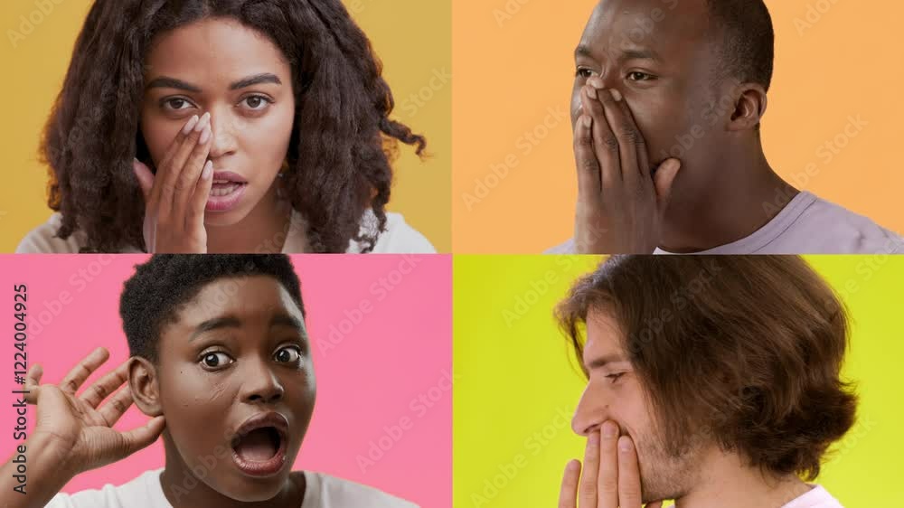 Poster Four individuals display a range of joyful emotions against colorful backgrounds. Each person expresses happiness through unique gestures, creating a lively atmosphere.