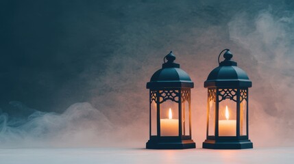 Fototapeta premium Two Ornate Metal Lanterns with Lit Candles in a Mystical Foggy Setting