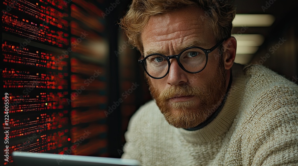 Poster red haired man working with server data code