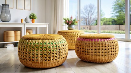Fototapeta premium Elegant Wicker Poufs on Shiny Surface - Urban Exploration Photography, Stylish Home Decor, Sophisticated Design Accents, Modern Interior, Textured Details, Minimalist Aesthetic, Chic Living Space