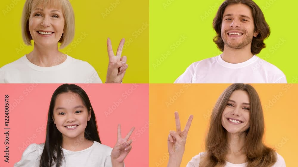 Poster four multiracial people display cheerful expressions and peace signs against vibrant backgrounds. th