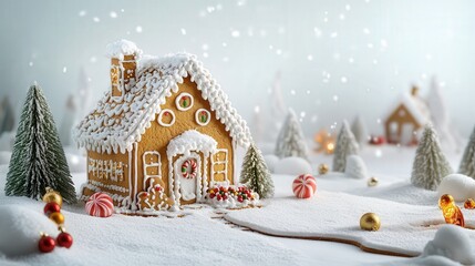 fun gingerbread house cartoon with a snowy landscape and festive decorations for Christmas