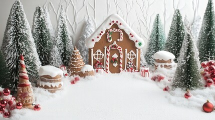 fun gingerbread house cartoon with a snowy landscape and festive decorations for Christmas