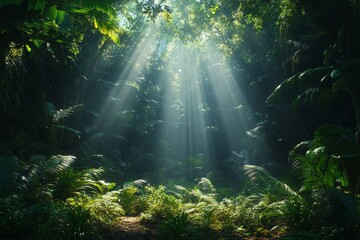 Fototapeta premium Enchanted Rainforest: A Glimpse of Nature's Splendor Through Sunlit Foliage in the Lush Greenery