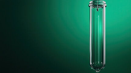 Fototapeta premium clear laboratory test tube suspended against green background, showcasing its sleek design and transparency