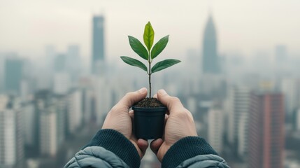 PM2.5 protect concept. Hand Holding a Small Plant Amidst Smoggy Urban Skyline Symbolizing Sustainability and Environmental Renewal