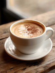Fototapeta premium Warm Cappuccino with Latte Art in White Mug on Rustic Wooden Table : Generative AI