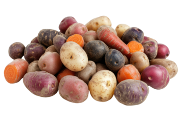 A vibrant pile of assorted potatoes and carrots on a white isolated background, showcasing their varying colors and textures.