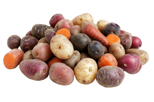 A vibrant pile of assorted potatoes and carrots on a white isolated background, showcasing their varying colors and textures.