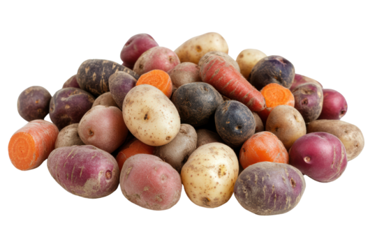 A vibrant pile of assorted potatoes and carrots on a white isolated background, showcasing their varying colors and textures.