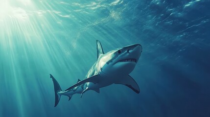 Fototapeta premium depiction of a shark gliding underwater, focusing on its streamlined body and detailed fins on a clean white canvas
