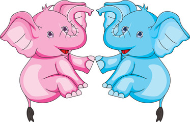 Cute pink and blue baby elephant sitting on floor making heart shape with their tongue vector illustration